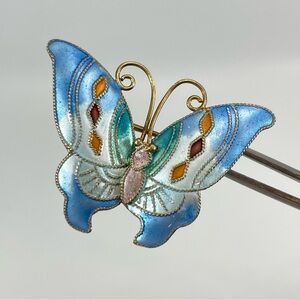 Stunning 925 Sterling Silver Blue Cloisonne Butterfly Brooch Pin Delicate Dainty